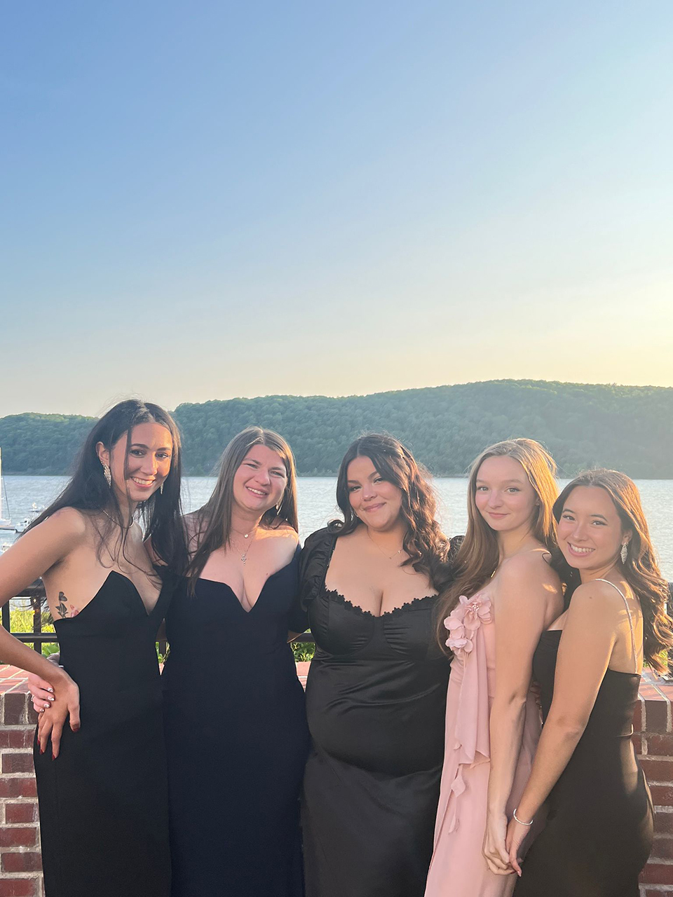 A group of girls wear prom dresses and pose for a photo together.