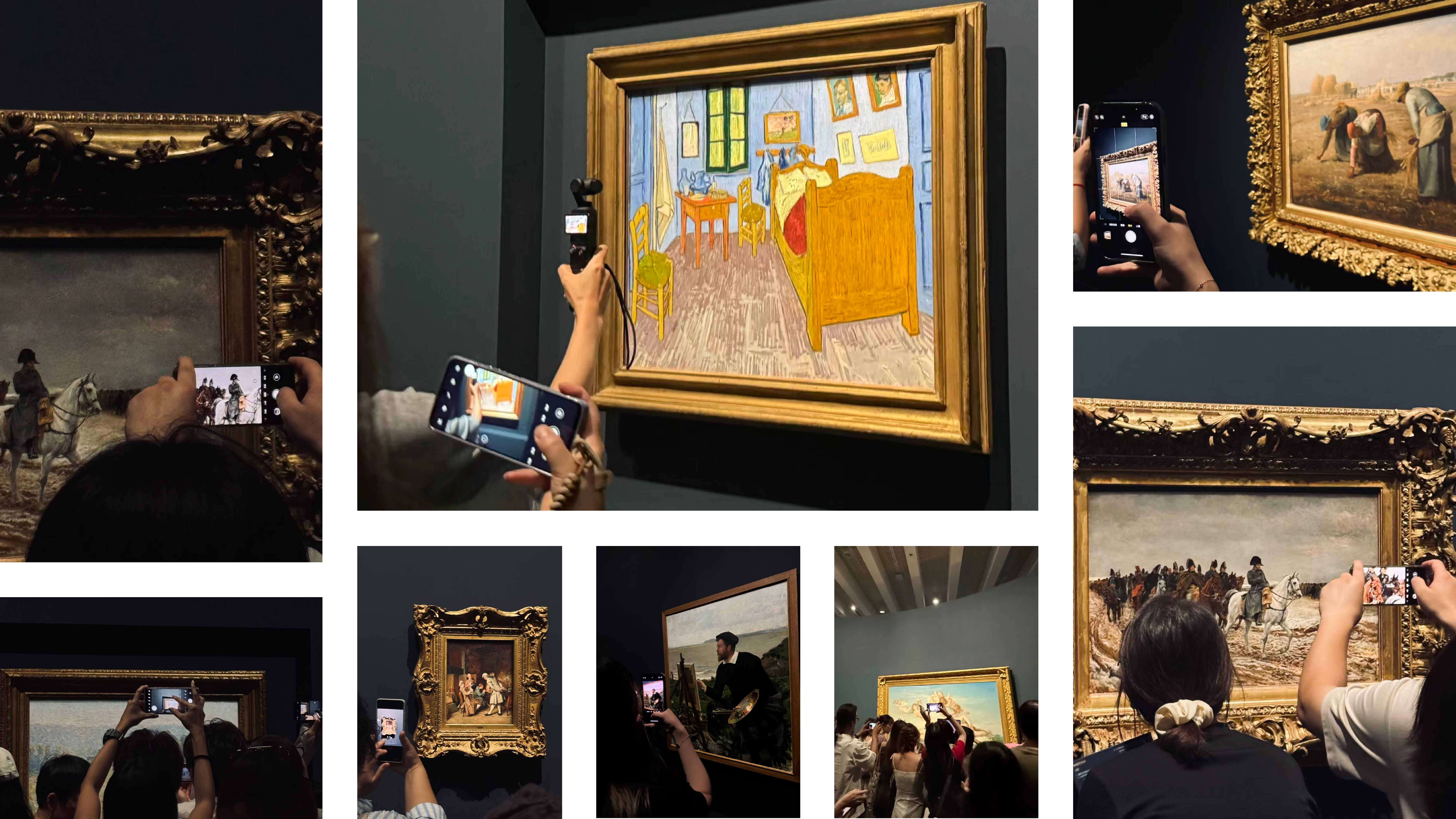 Visitors photograph famous paintings in a museum, holding up their phones to capture each artwork.
